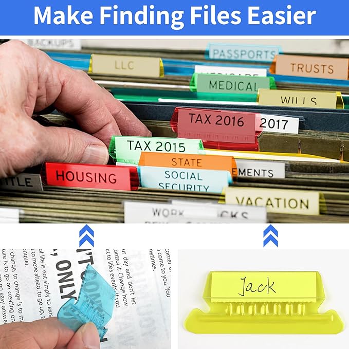 Hanging File Folder Tabs, 120 Pcs File Folder Tabs and 200 Pcs Inserts, File Tabs for Hanging Folders, Plastic Hanging Folder Tabs, Clear Hanging File Tabs for File Folders(Multicolor)