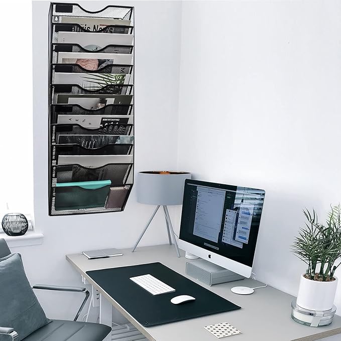 EASEPRES 10 Pockets Mesh Wall File Holder Organizer Office Hanging Magazine Rack, Black