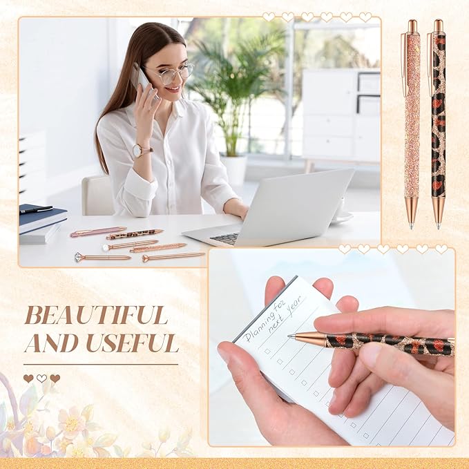6 Pcs Ballpoint Pens Set Metal Crystal Diamond Pen for Journaling Glitter Pretty Cute Stationery Black Ink Fancy Gifts for Women Girls Teacher Office Wedding School Supplies(Rose Gold Series)