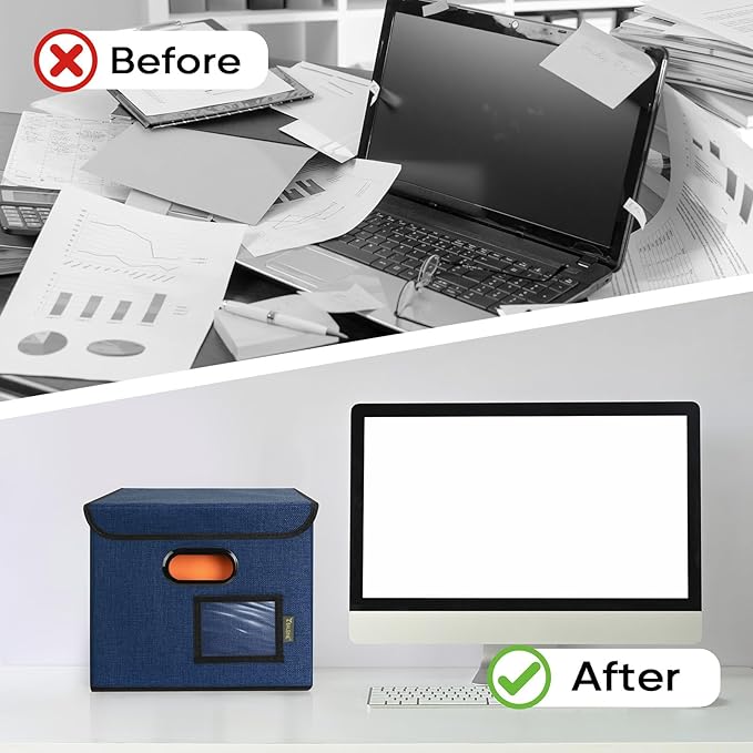 BALEINE File Organizer Box with Lid, Collapsible File Folder Organizer with Plastic Slide, Hanging File Folder Box for Office Document Storage (1 Pack, Blue)