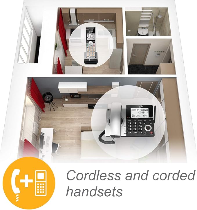 AT&T CL84307 Dect 6.0 Expandable Corded/Cordless Phone with Smart Call Blocker, Silver/Black with 3 Handsets