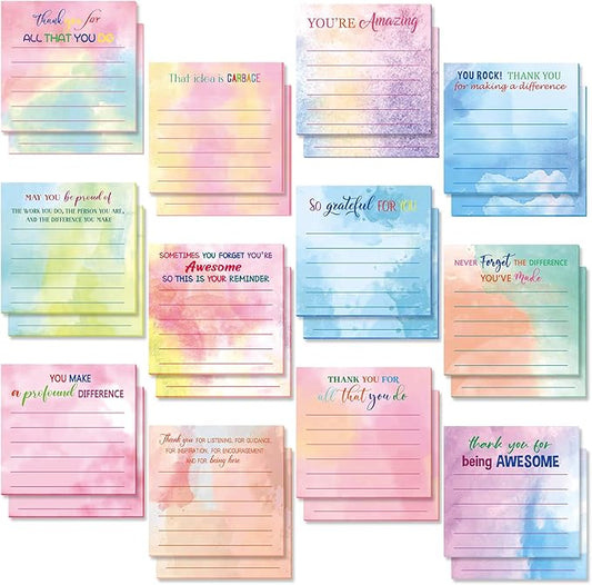 Yinder 24 Pcs Employee Appreciation Sticky Notes Thank You Gifts Bulk Note Pads with Sayings Teacher Gift Mini Pocket Inspirational Notepads for Coworker Office Supply 3 x 3''(Watercolor,Thanks)