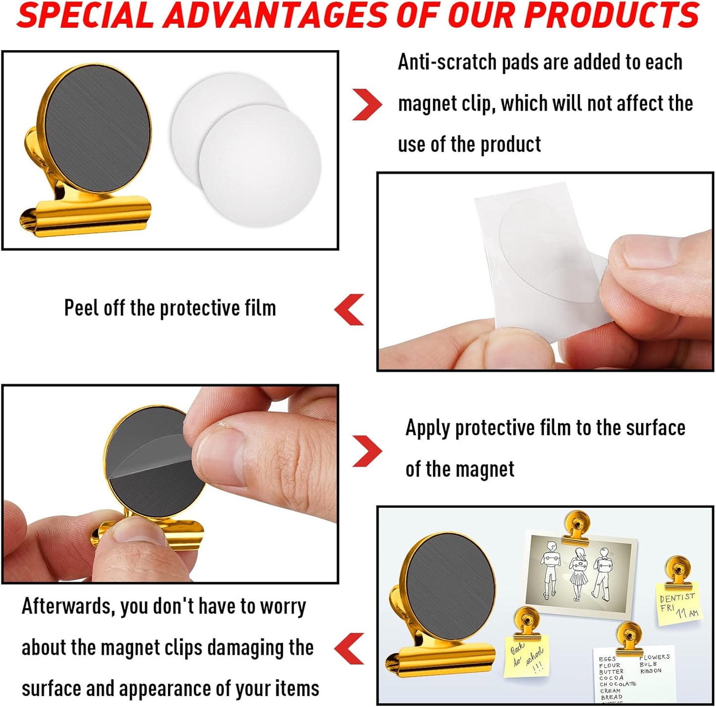 FINDMAG 12 Pack Magnetic Clips for Photo Display and Picture Hanging, Heavy Duty Scratch-Free Fridge Magnets, Strong Clips for Photo Display, Whiteboard, Office, Kitchen, School, 30mm Wide, Gold.