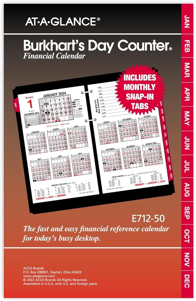 AT-A-GLANCE 2024 Daily Desk Calendar Refill, 4-1/2" x 7-1/2", Large, Loose-Leaf, Burkhart's Day Counter (E7125024)