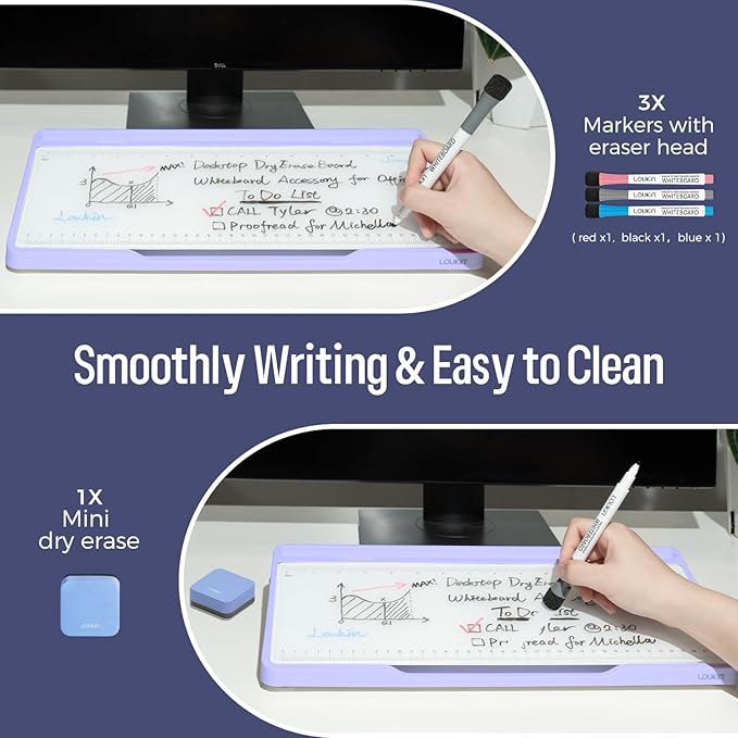 LOUKIN Glass Desktop Whiteboard, 15.3" x 5.6" Desktop Dry Erase Board with Dotted and Graduated Surface, Desktop Buddy, Great for Design and Drawing, 3 Markers and 1 Dry Erase Eraser Included (Purple)