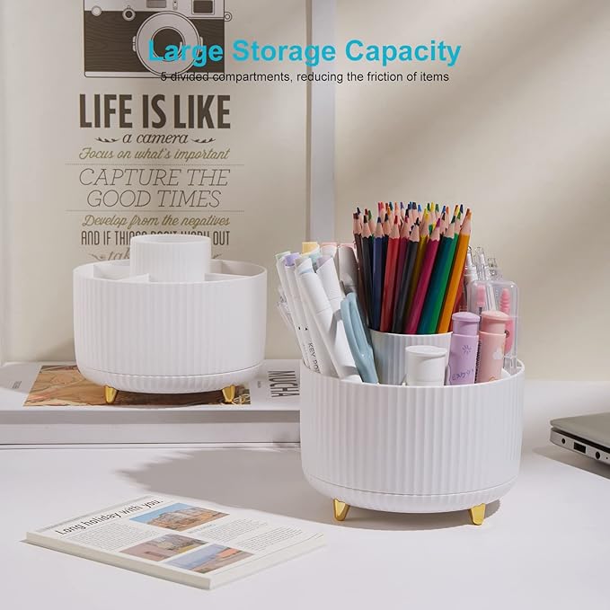 Desk Pencil Pen Holder - 5 Slot 360 Degree Rotating Desk Pen Organizer for Desktop Storage Stationery Supplies Cup Pot - White