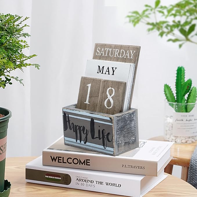 Notakia Perpetual Calendar Wooden Calendar Blocks Vintage Wood Block Calendar for Home Office Desk Accessories Week Month Date Display (Happy Life)