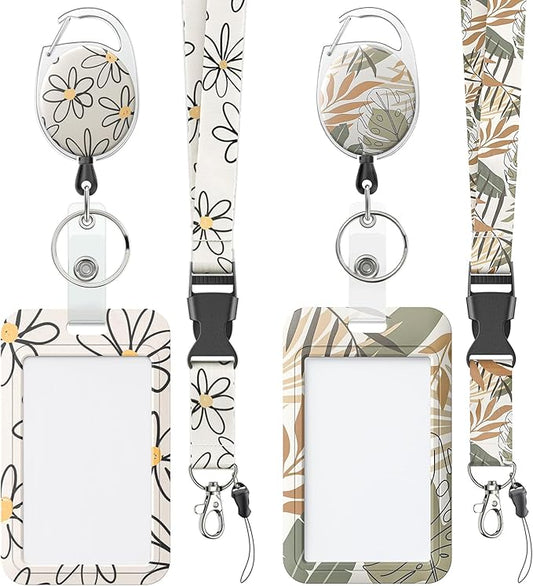 Uniclife 2 Pack Floral Sliding Badge Holder Flower Leaves Plastic Case with Retractable Badge Reel Carabiner Clip and Detachable Lanyard Strap Hard Vertical Card Protector for Women Nurse Teacher