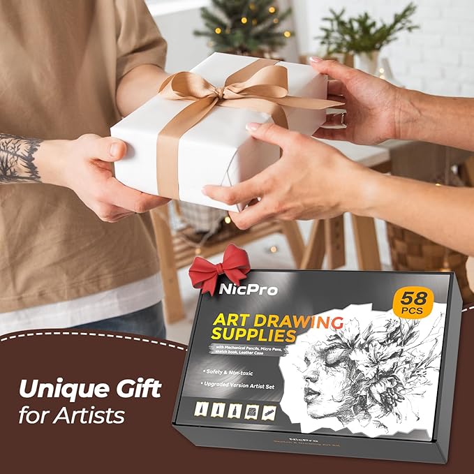 Nicpro 58 PCS Art Drawing Supplies Kit in Leather Case, Art Mechanical Pencil Set with 6 Metal Drafting Pencil 0.5 & 0.7 & 0.9 & 2mm, 12 Micron Pen, Sketch Book, 30 Tube Lead Refills for Sketching