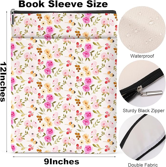 Watercolor Floral Pattern Book Lovers Gifts Waterproof Book Sleeve Book Pouch Book Protector with Zipper and Front Pocket BookCover Case for Women Girl Readers Wife Book Accessories Book Club Gifts