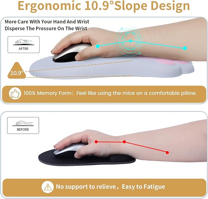 Ergonomic Mouse Pad with Wrist Rest,Cute Cat Paw Mousepad Wrist Support,Comfortable Massage Design Computer Pain Relief Mouse Pad with Non-Slip PU Base for Desk Laptop Gaming Office,Grey