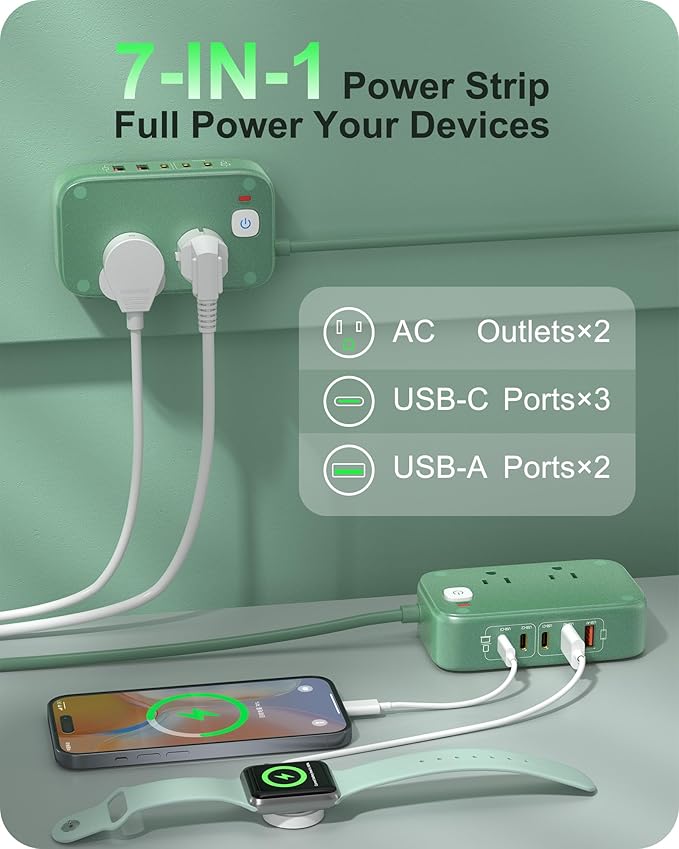 Surge Protector Power Strip with USB Ports, 7-in-1 65W Desktop Charging Station Outlet Extender with 2 AC Outlets, 3 USB-C and 2 USB-A Ports for Laptop/Phone and More