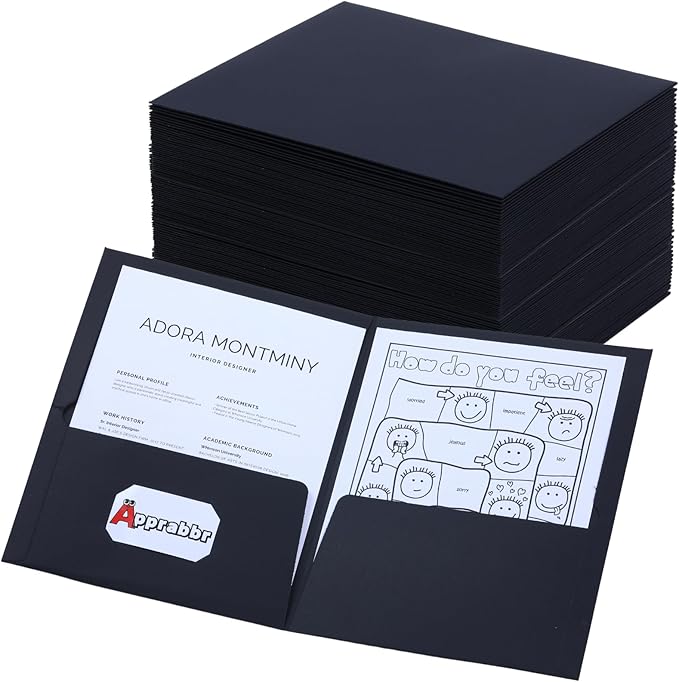 Two-Pocket Folders for Letter Size, Black Thick Paper Folders,300GSM Paper File Folder with Deep Pockets for School Office Business Home (Black, Box of 50)