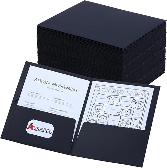 Two-Pocket Folders for Letter Size, Black Thick Paper Folders,300GSM Paper File Folder with Deep Pockets for School Office Business Home (Black, Box of 50)