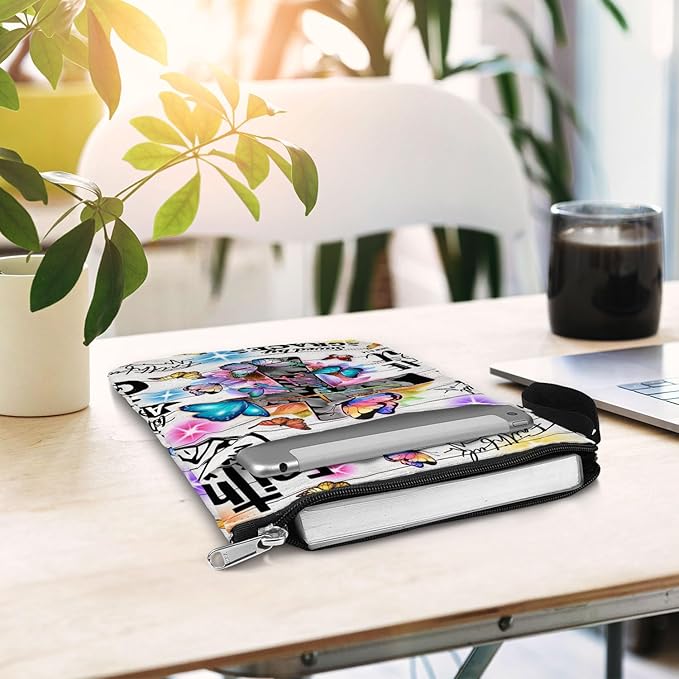 84hoods Book Sleeve With Zipper and Front Pocket. Christian Faith God Religious Gift. Bible Cover, Washable 11 X 8.5 Inch Padded. Gift for Book Lovers. Flowers and Butterflies.