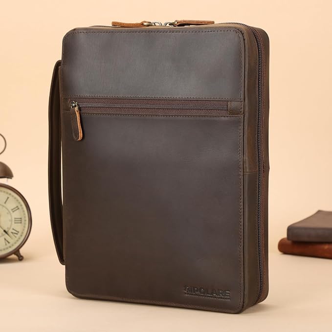Polare Full Grain Cowhide Leather Bible Cover Church Bag Bible Protective Book Holder Carrying Case Folder Organizer Portfolio (Dark Brown with Shoulder Strap)