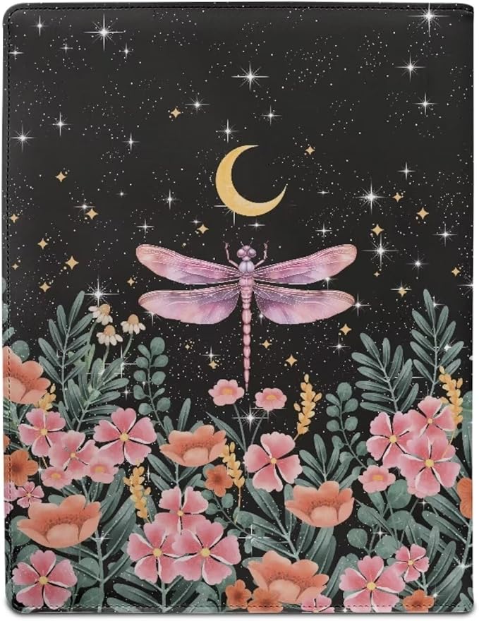 Dragonfly Flower Moon Portfolio Folder Leather Padfolio with A4 Size Clipboard Clip for Business Resume Interview Document Sleeve Binder Folder for Men/Women