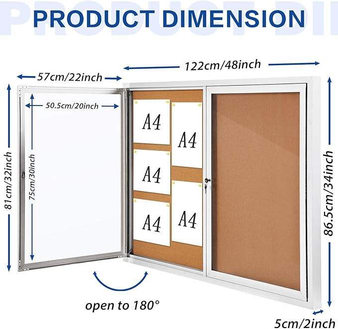 SWANCROWN Weather Resistant Enclosed Bulletin Board Cork Displays Boards Wall Mounted Notice Case with 2 Locking Door