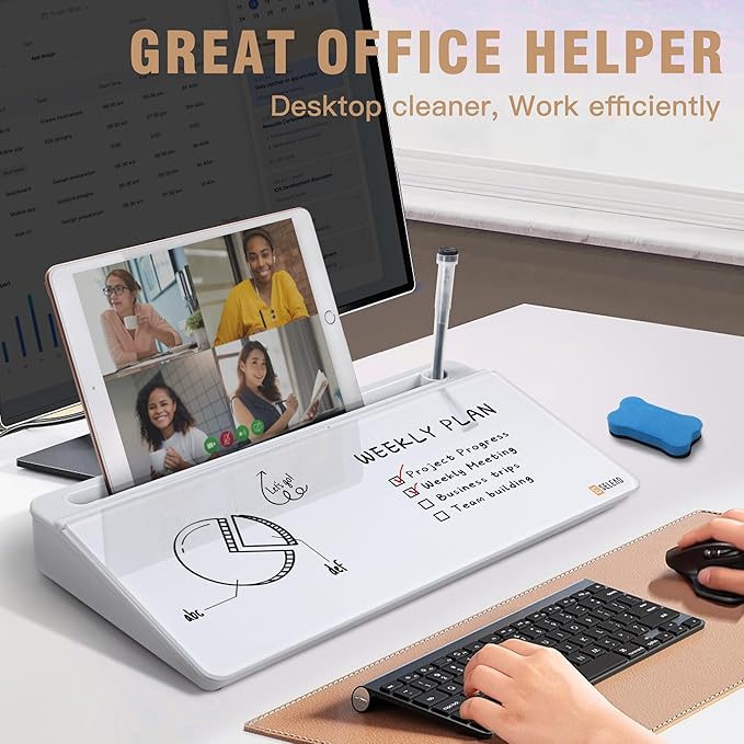 SELEAD Desktop Glass Whiteboard with Organizer & Built-in Mirror, Small Dry Erase White Board Computer Pad Keyboard Stand for Home, School, Office Desk Accessories - White