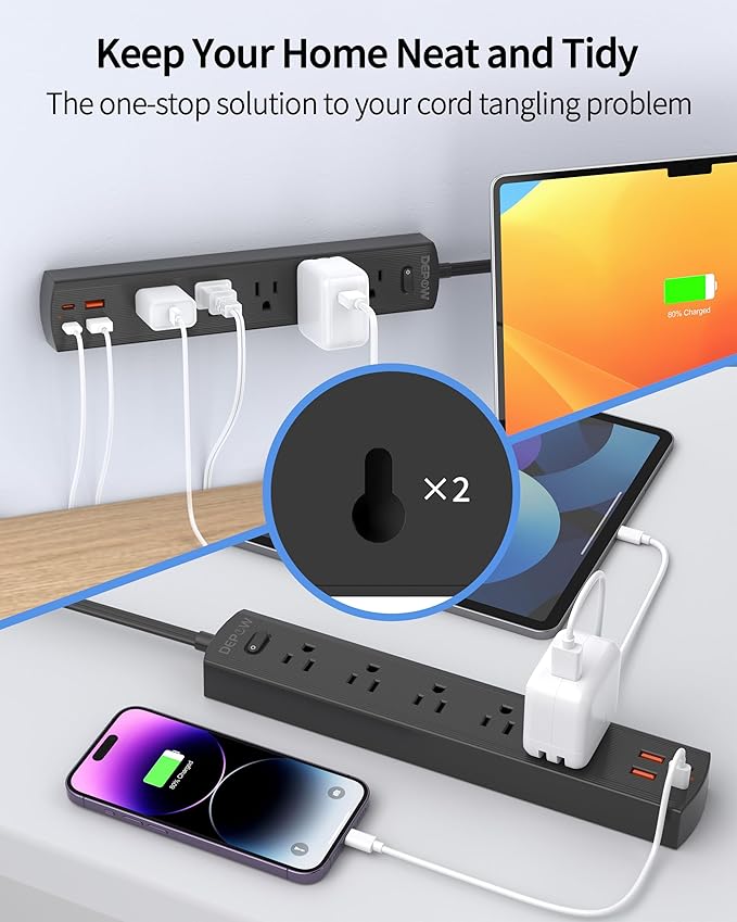 Surge Protector Power Strip(1875W/15A), 10 Ft Flat Extension Cord with 5 AC Outlets 4 USB Ports(2 USB C), 1700 Joules, Flat Plug, Wall Mount for Home Office, Dorm Essentials, Black