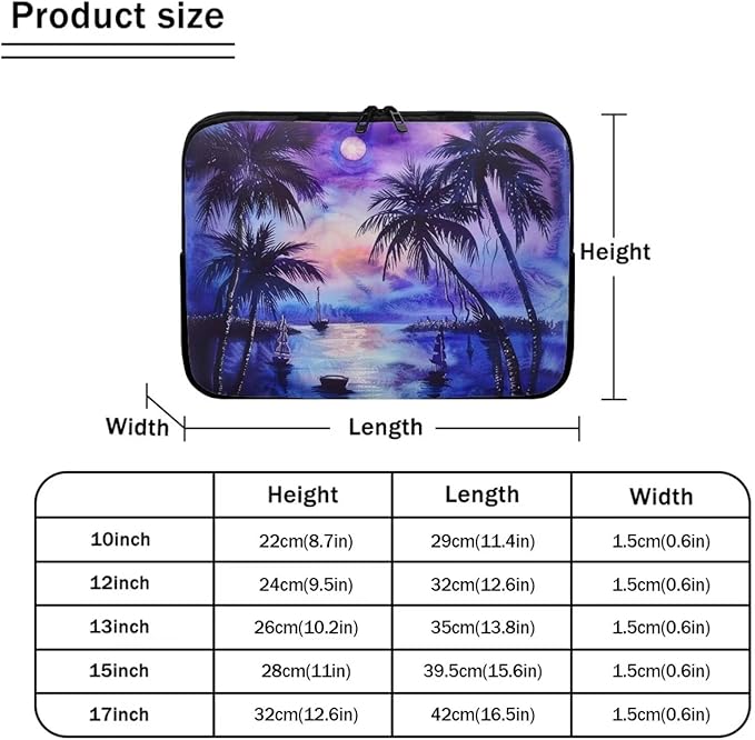 Tropical Palm Tree Laptop Sleeve for Women 13 inch Lap Top Case Portable Lightweight Computer Sleeve Laptop Pouch Slim Laptop Protector with Versatile Uses Tablet Bag Leaves Moon Purple