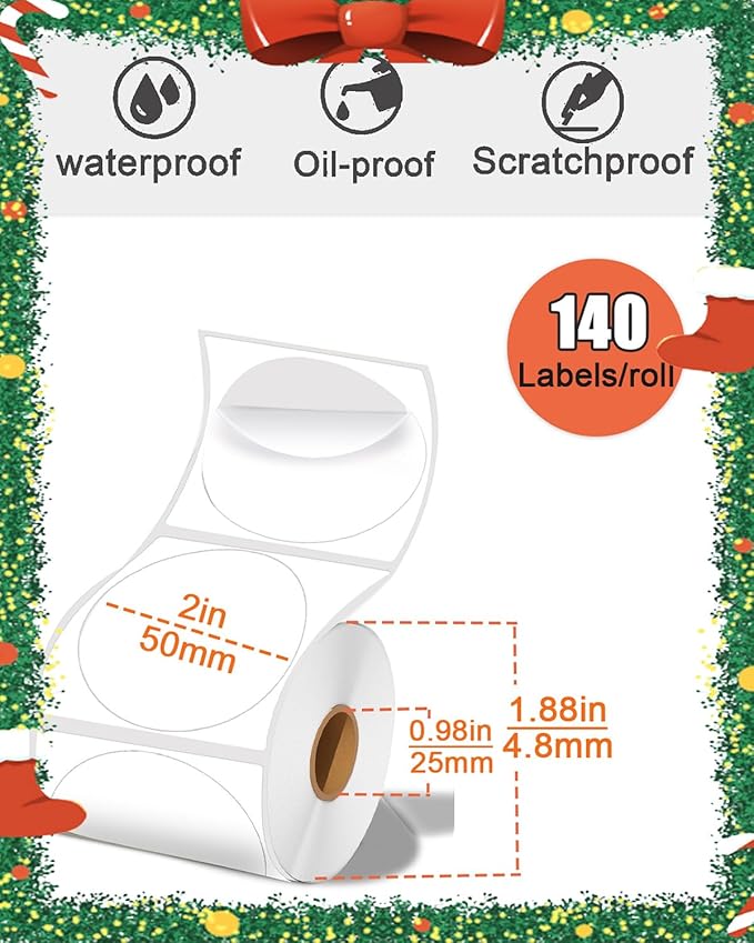 2 x 2 Round Thermal Labels, 2 inch Round Thermal Sticker Labels for Business and Home, for Label Printer, for M110/M220/M221 Label Maker，140 Labels for Printer, White