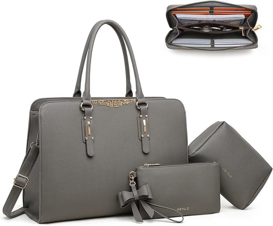 Keyli 4pc Sets Laptop Bag for Women Large Leather Laptop Briefcase with USB Charging Port Computer Shoulder tote Bags Purse