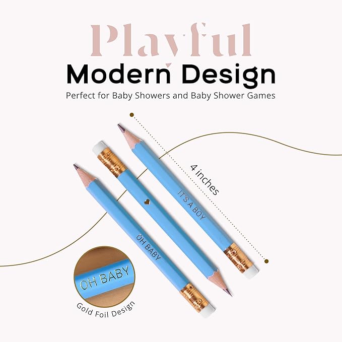 Markt Mini Pencils For Baby Shower Games Boy, Heart Pencils, Small Blue Pencil Set