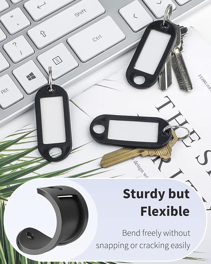 Uniclife 40 Pieces Key Tags 2 Inch Soft Plastic Key Chain Tags with Blank Paper Labels Clear Windows Protective Films and Split Rings Flexible Item Identifiers, Black