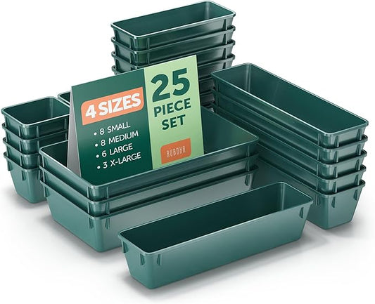 25 PCS Green Plastic Drawer Organizers Set, 4 Sizes Green Drawer Organizers & storage Bins for Makeup/Jewelry Vanity, Kitchen Gadgets Or Office Desk. Bathroom Drawer Organizer Trays With Non-Slip Pads