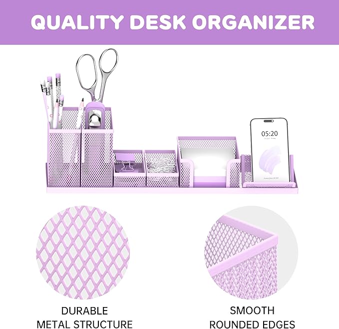SUPEASY Pen Holder for Desk, 6 Piece Mesh Desk Organizer set, Desk Accessories for Office Organization with Mail Organizer, Letter Phone Holder, Sticky Notes Caddy Storage, Purple