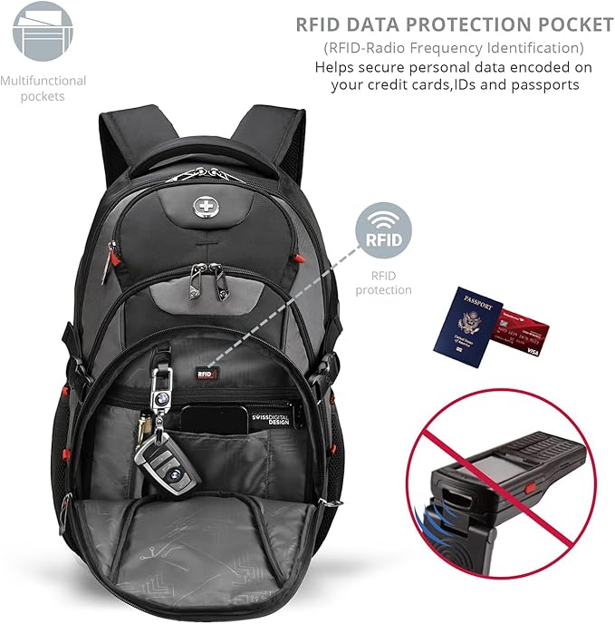 Swissdigital Design Large Business Laptop Backpack with Smart USB Charging Port, Travel Backpack Fits 15.6 inches laptops, Water Repellent College Backpack for Men Women (VECTOR SD803-02 Black/Grey)