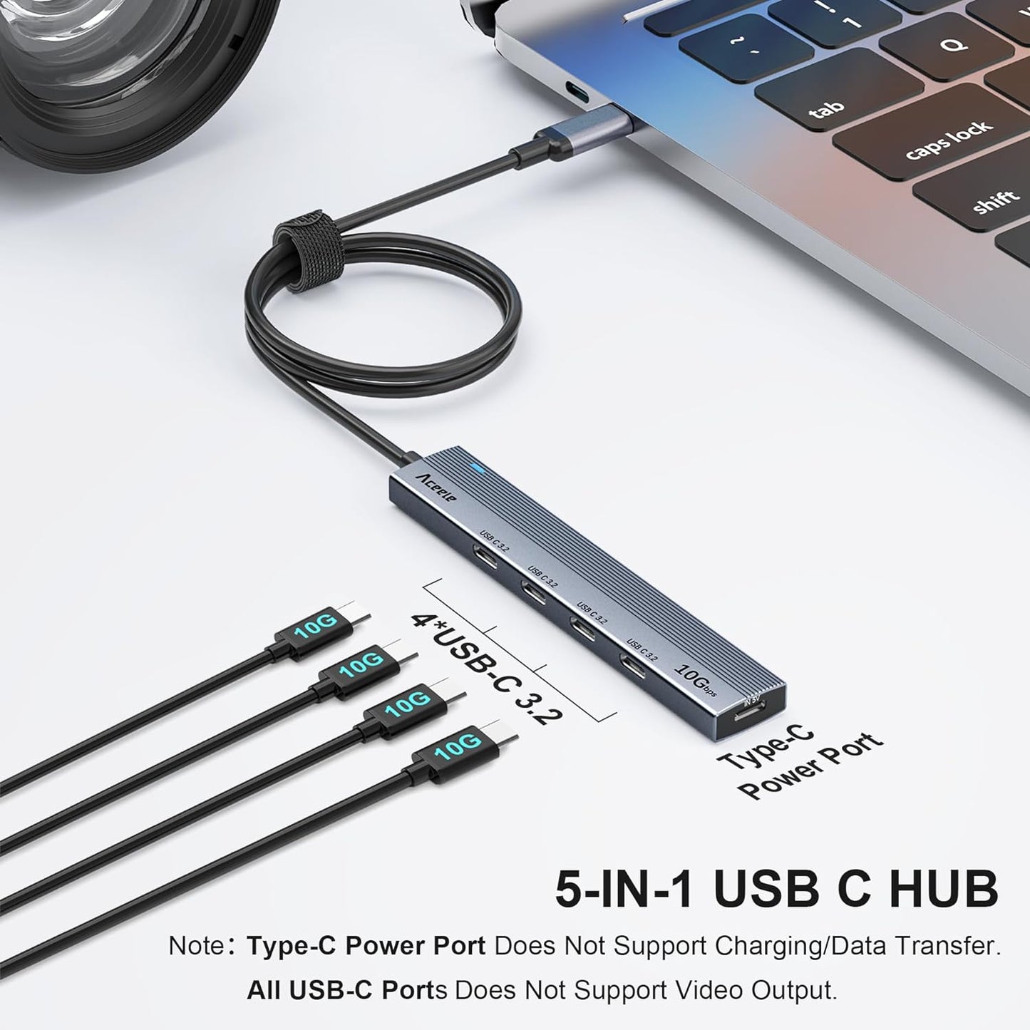 Aceele USB C Hub 10Gbps, 4 Port USB 3.2 Gen 2 Hub, USBC to USB-C Hub with Type-C Power Port, 2ft Extension Long Cable USBC Adapter Data Hub for MacBook Pro, MacBook, Samsung Chromebook, etc