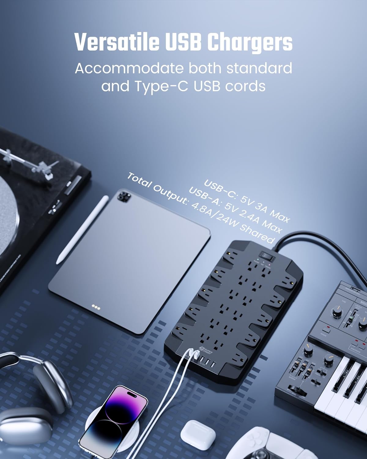 Power Strip, SUPERDANNY Surge Protector with 22 AC Outlets, 2 USB-C and 4 USB Ports, 1875W/15A, 2100J, 6.5Ft Extension Cord Surge Protector Power Strip with Wall Mount Holes for Home, Office, Dorm