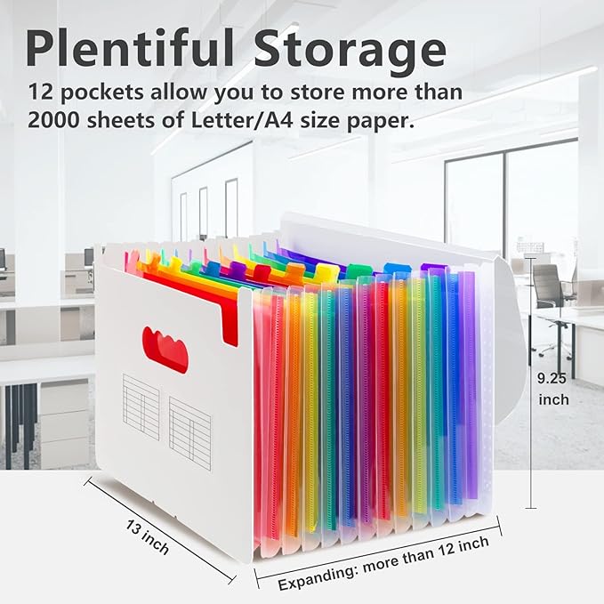 Sooez Accordion File Organizer, 12 Pockets Expanding File Folder, Portable Monthly Paper Bill Tax Receipt Organizer, Letter A4 Size Document Holder with Blank Labels, White