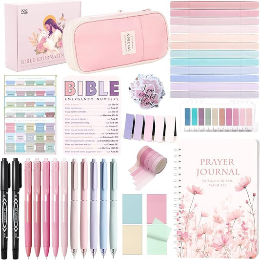 XKDOUS Bible Study Supplies Journaling Kit for Women, Bible Study Kit, Bible Study Tools with Prayer Journal Pencil Case Bible Accessories, Christian Gifts for Women, Pink