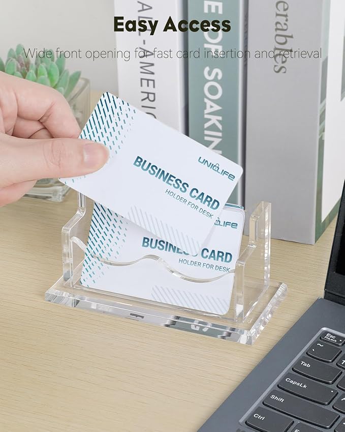 Uniclife Acrylic Business Card Holder for Desk 1 Slot Clear Horizontal Business Card Display Stand for Men and Women Desktop Name Card Organizer Card Stand for Office Home Exhibition, 60 Card Capacity