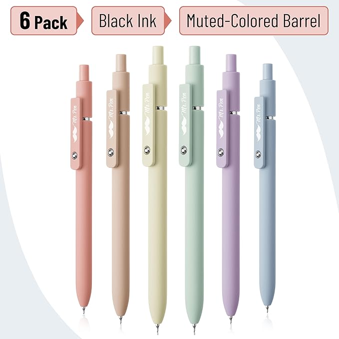 Mr. Pen- Retractable Gel Pens, 6 Pack, Pastel Barrels, Black Gel Pens, Fast Dry, Gel Pens Fine Point 0.7mm, Retractable Pens, Cute Pens, Gel Ink Pens, Black Pens, Aesthetic Pens for Journaling
