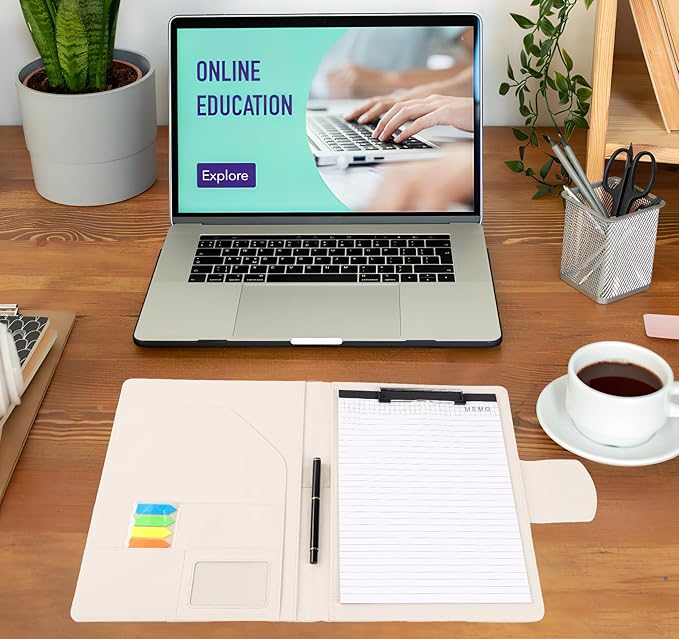 Clipboard Folder Folder DIN A4,All-in-One Business Leather Document Clip Board with Magnetic Cover,Conference Folder Document Organizer with Papers,Sticky Tabs,Pen,Work Folio for Women & Man,Beige