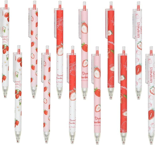 YYaaloa 48pcs Cute Pens Black Gel Ink Pens Retractable Pens for Kids Girls Boys Women Office School Supplies (Red strawberry pens)
