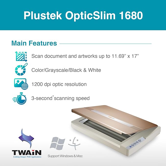 Plustek OpticSlim 1680 - High Speed Large Format Flatbed Scanner, scan Tabloid Size in 3 Seconds. Daul View Function Enable You to Quickly Check The Image Adjustment Effect