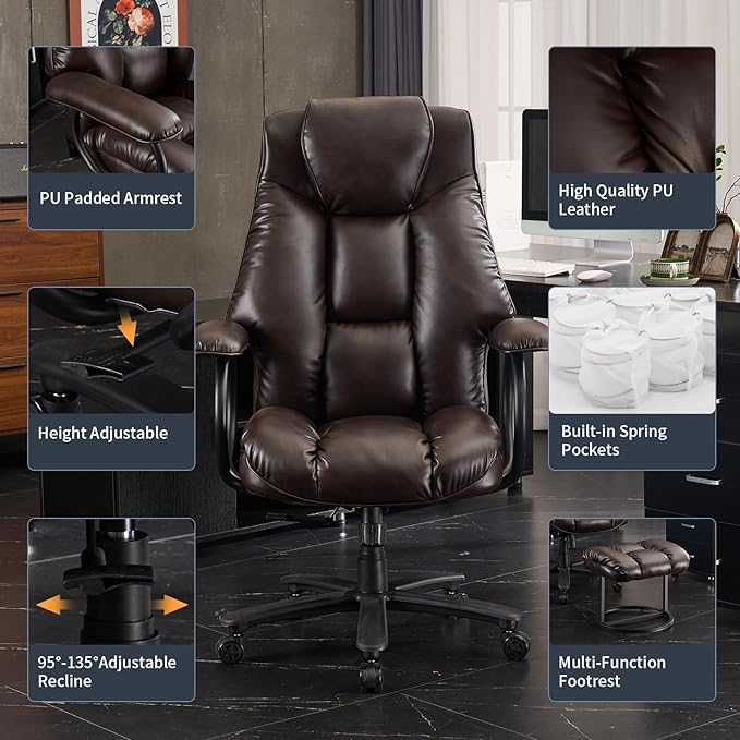 Office Chair Big and Tall, High Back Home Office Chair 400 lbs, Executive Chair, Desk Chair, Ergonomic Office Chair with Padded Armrest, Swivel Computer Chair PU Leather (Dark Brown)