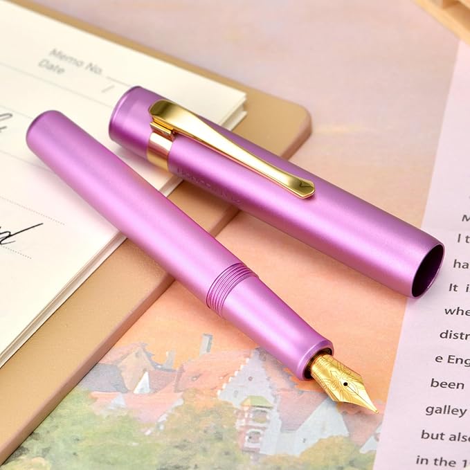Hongdian M2 Black Forest Mini Fountain Pen, Medium Soft Golden Nib & Sleek Shape Aluminium Short Pocket Travel Pen (Lilac Purple)
