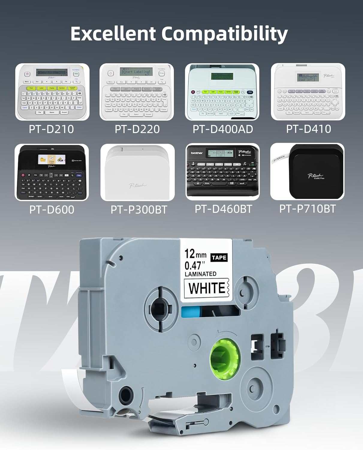 Label Maker Tape 12mm 0.47 White Replacement Brother Label Maker Tape, P-Touch Label Tape, Compatible with Brother PT-D210 H110 D220 D410 D600, 4-Pack