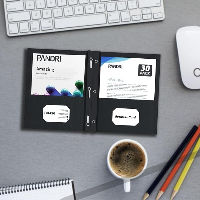 Two Pocket Folders, PANDRI 30 Pack Two Pocket Folders with Prongs, 3 Prong Folders Designed for Office and Classroom, Letter Size Black