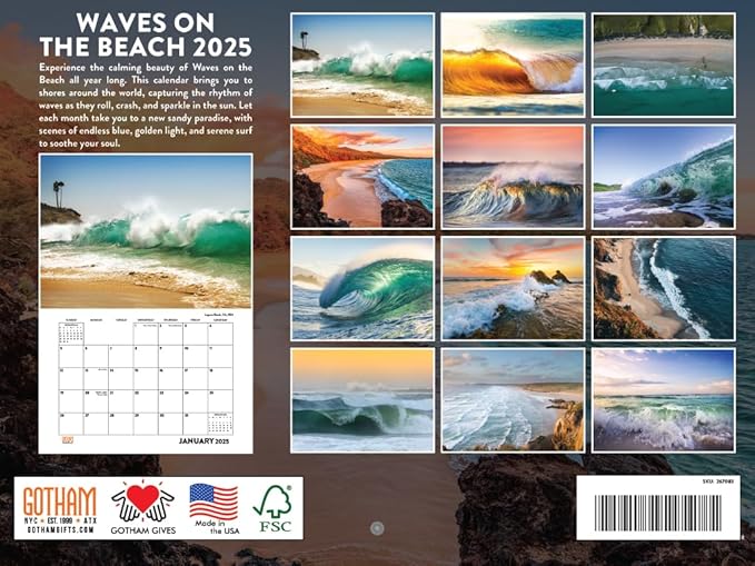 Waves On The Beach 2025 Wall Calendar Monthly | American Made In The USA