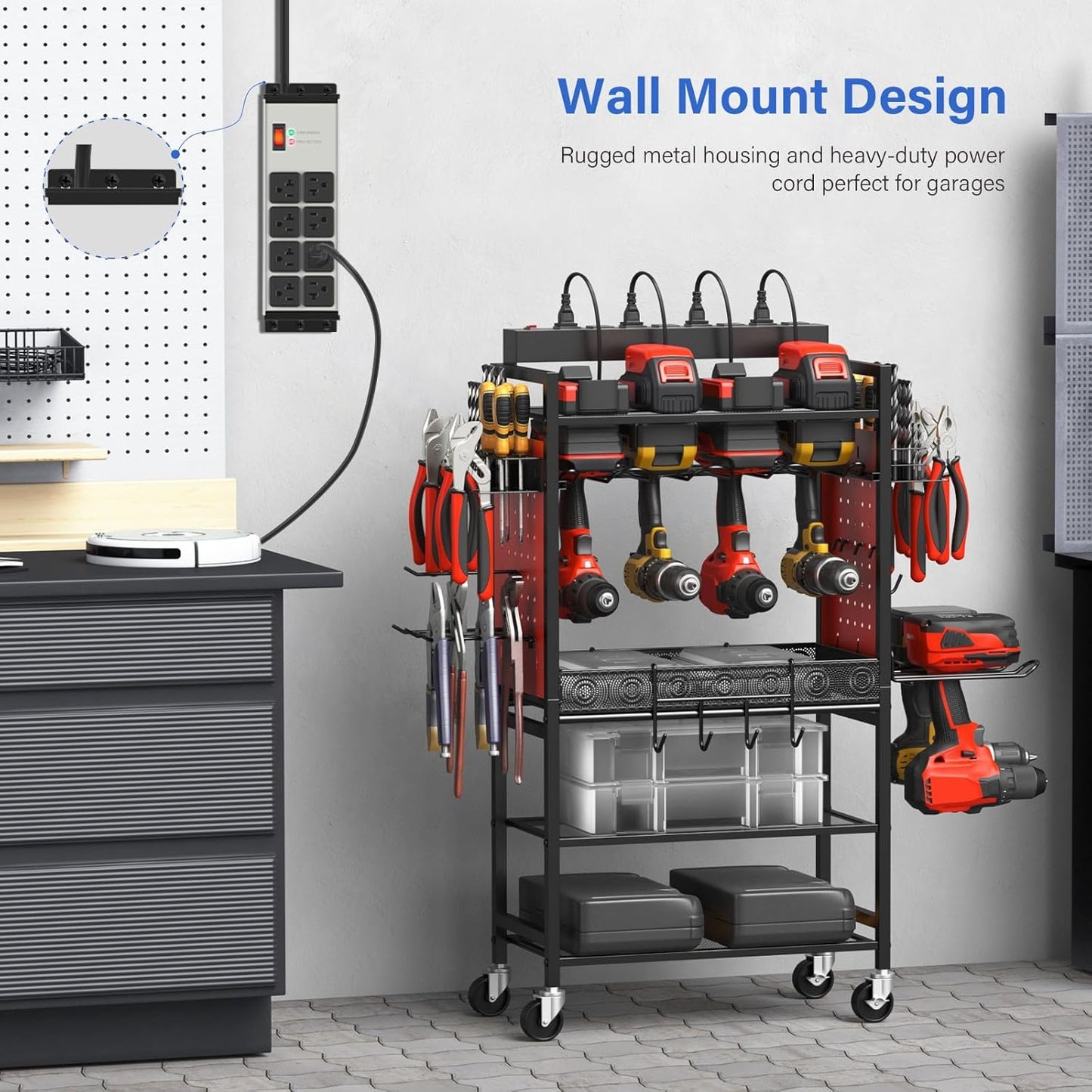 CCCEI Heavy Duty Power Strip Surge Protector 20 AMP, 8 Outlets 12 Gauge Industrial Shop Garage Metal Multiple Outlets, 15 FT Extension Cord 5-15P Adapter High Amp 6-20R T-Slot 20a for Appliance