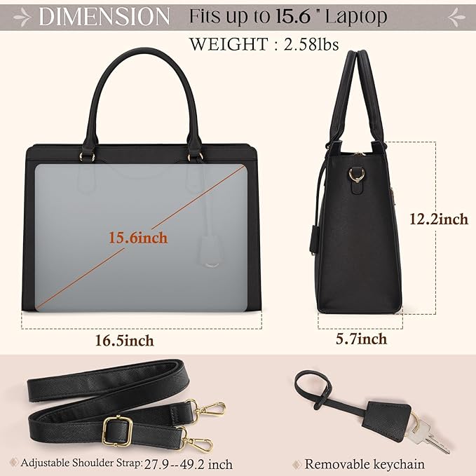 RAINSMORE Laptop Bag for Women 15.6 Inch Waterproof Leather Computer Tote Bag Professional Business Office Work Bags Briefcase Large Capacity Lightweight Women Handbag Shoulder Bag, Black