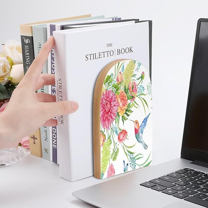 Hummingbird Butterfly Flowers Wooden Large Book Ends Bookends for Shelves, 2 Pack Non-Skid Bookends for Heave Books, Book Stoppers Holders for Kitchen Office Library, 6.7x4.7x3.9in