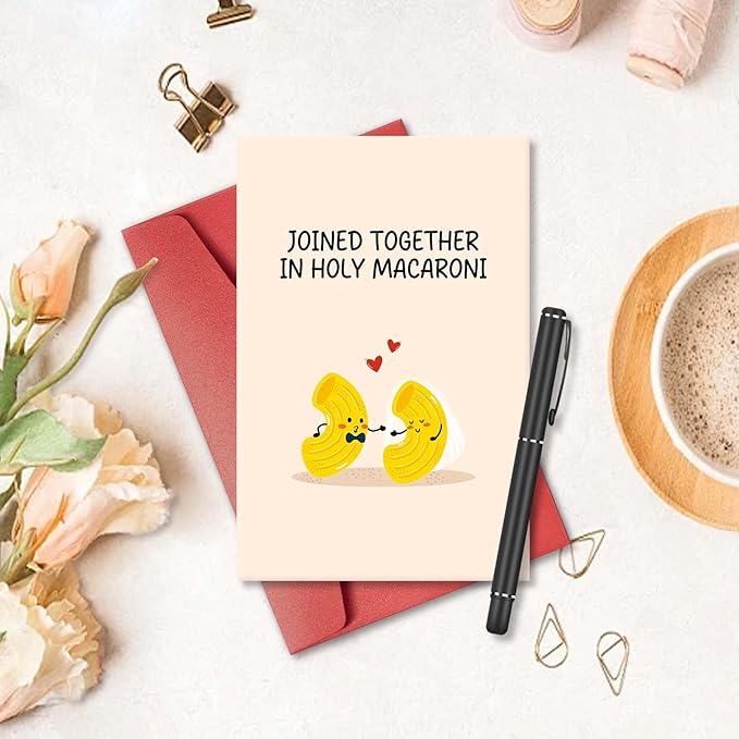 Cute Macaroni Pun Engagement Card, Funny Wedding Card for Bride and Groom, Wedding Gift Card for Newlyweds, Bridal Shower Card for Him Her, Joined Together in Holy Macaroni